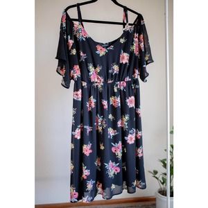 TORRID Black Colorful Floral Cold Shoulder Chiffon Dress SZ 2 (2X or 18-20)